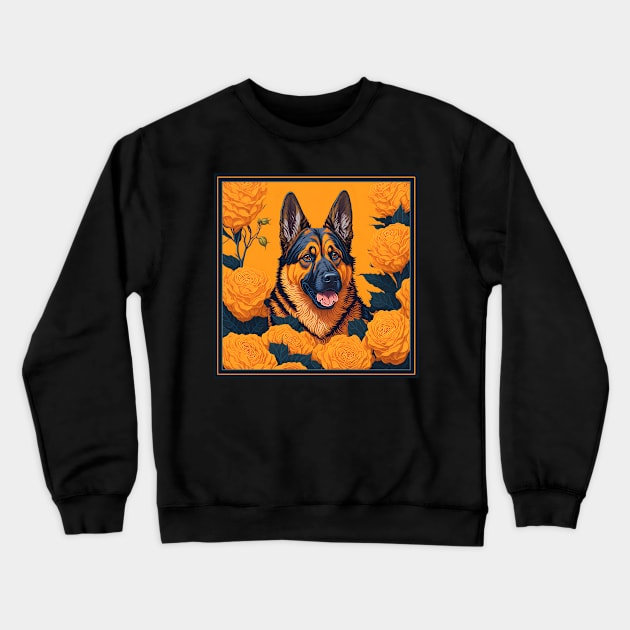 Dogs, shepherd dog and flowers, dog, seamless print, style vector (Yellow version shepherd dog ) Crewneck Sweatshirt by xlhombat